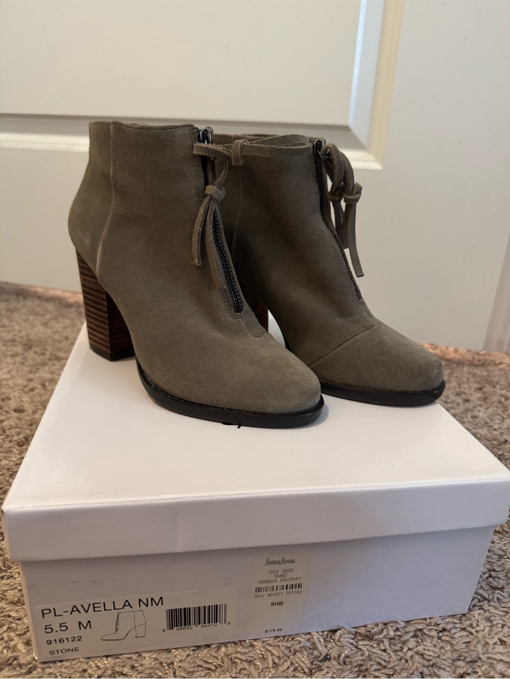 Neiman Marcus Stone Suede Front-Zip Ankle Booties